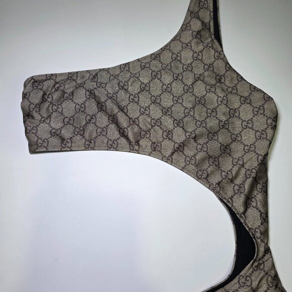 Gucci GG Monogram One-Shoulder Cutout Swimsuit Brown Designer - Picture 2 of 5